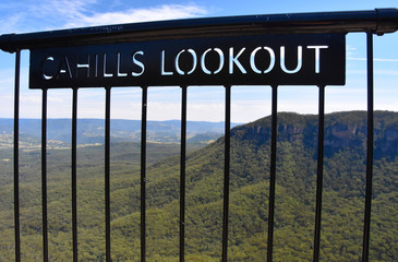 Katoomba, Australia - March 23, 2019. Scenic views of Megalong Valley from Cahill's lookout in Blue Mountains.