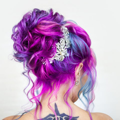Incredible hair color, bright blue and Magenta gradient. Stylish fashionable hair coloring.