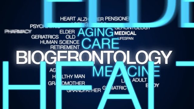 Biogerontology animated word cloud. Kinetic typography.