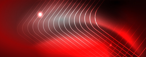 Shiny neon techno template. Neon lines background, 80s style laser rays