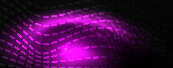 Smoky glowing waves in the dark. Dark abstract background with neon color light and wavy lines. Vector