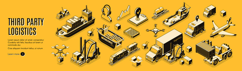 Third party logistics, 3pl, transport, cargo export, import. Integrated warehousing and transportation operation service. Air, road, maritime delivery. 3d isometric vector landing page line art banner - obrazy, fototapety, plakaty