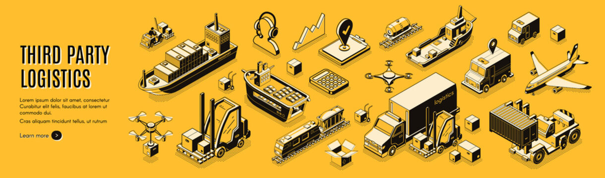 Third party logistics, 3pl, transport, cargo export, import. Integrated warehousing and transportation operation service. Air, road, maritime delivery. 3d isometric vector landing page line art banner