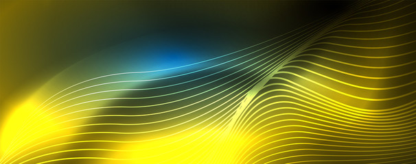Smooth wave lines on blue neon color light background. Glowing abstract wave on dark, shiny motion, magic space light
