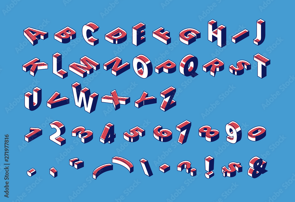 Fototapete isometric alphabet, abc, numbers and punctuation uppercase letters, typography font with halftone po