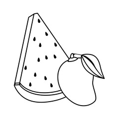 Watermelon sliced fruit and mango cartoon in black and white