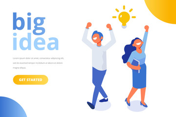 Isometric people with big Light Bulb Idea. Flat Vector illustration.	