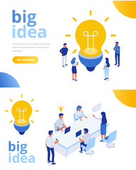 Isometric business people with big Light Bulb Idea. People working together on new Project. Creativity, Brainstorming, Innovation concept. Flat Vector illustration.	