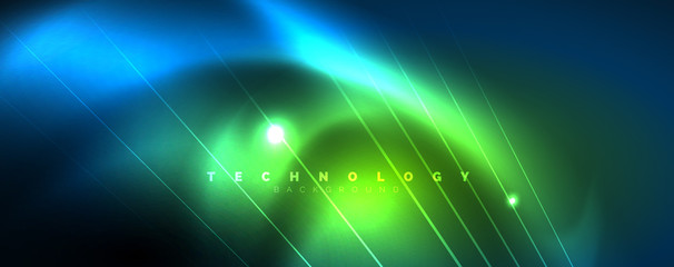 Naklejka premium Neon blue glowing lines, magic energy space light concept, abstract background wallpaper design
