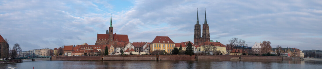 Large panoramic view of the Cathedral of St. John the Baptist located in the Ostrow Tumski district. Wroclaw. Poland