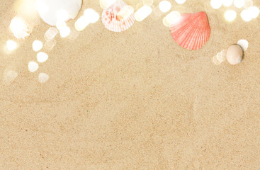 vacation and summer holidays concept - seashells on beach sand