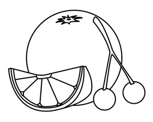 Orange citric fruit and cherries in black and white