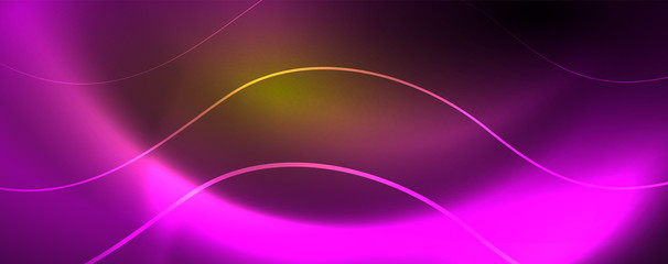 Bright neon circles and wave lines, glowing shiny background design template, digital techno concept.