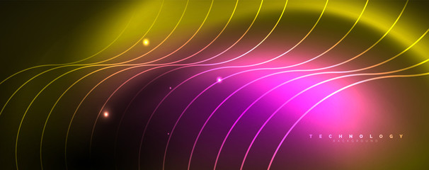 Bright neon circles and wave lines, glowing shiny background design template, digital techno concept.