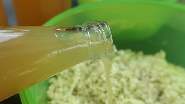 Prepare elder berry flower heads to making jam of it. filling bottle of apple juice in bowl.