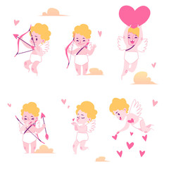 Set of cute blond baby boy angels, cupids and amurs with bows, arrows and hearts.