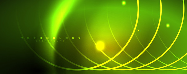 Bright neon circles and wave lines, glowing shiny background design template, digital techno concept.