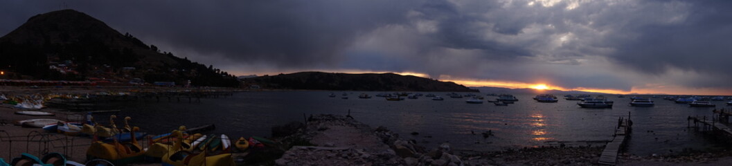 panorama of lake titicaca at sunset, bolivia