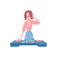 Woman stands at DJ console and holding headphones on her head cartoon style