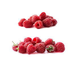 Raspberries isolated on white background. Raspberry closeup. Juicy and delicious raspberries. Background of raspberries. Background of red berries. Various fresh summer fruits. Red raspberry.