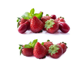Ripe strawberries and red berries isolated on white background. Mix berries isolated on white background. Red food. Red berries and fruits. Various fresh summer berries and fruits.