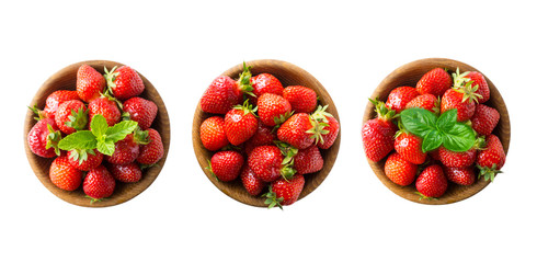 Top view. Isolated strawberry. Strawberries on wooden bowl. Set of strawberries isolated on white cut out. Collection of whole strawberries on white background. Berries with copy space for text.
