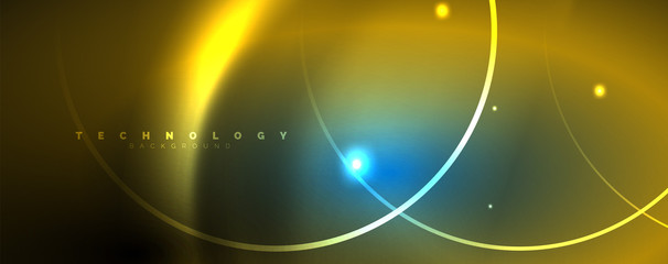 Trendy neon blue abstract design with waves and circles. Neon light glowing effect. Abstract digital background.