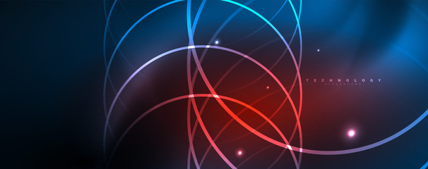 Trendy neon blue abstract design with waves and circles. Neon light glowing effect. Abstract digital background.