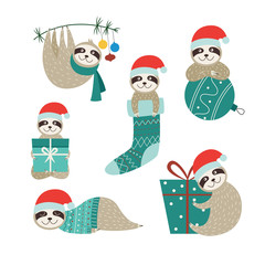 Set of Christmas sloths in different positions.