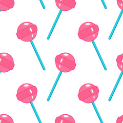 Seamless pattern with pink round lollipops isolated on white background. Cartoon retro style sweet candy vector wallpaper.