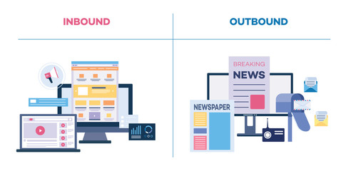 Inbound and outbound or on and offline marketing flat vector illustration isolated.