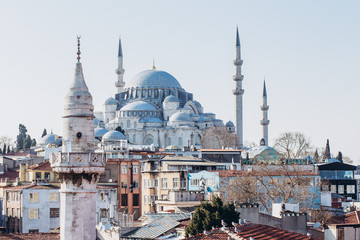 Obraz premium The roof of the Grand Bazaar, Suleymaniye Mosque in Istanbul, Turkey. View of the mosque with minarets. Istanbul panorama