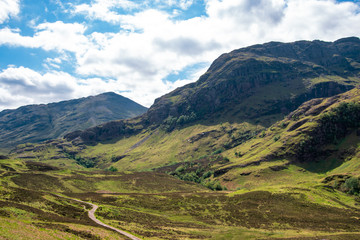 Panoramic view of the Three Sisters of Glencoe, Scotland, UK.