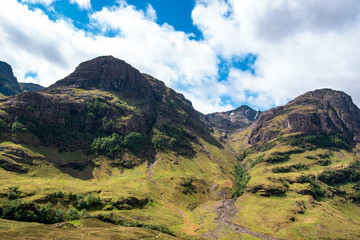 Panoramic view of the Three Sisters of Glencoe, Scotland, UK.