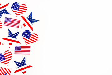 American Independence day background with blue, white and red mixed stars and hearts. Celebration of American independence day, the 4th of July (the Fourth of July). Holiday concept. With copy space. 