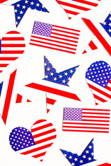 American Independence day background with blue, white and red mixed stars and hearts. Celebration of American independence day, the 4th of July (the Fourth of July). Holiday concept. With copy space. 