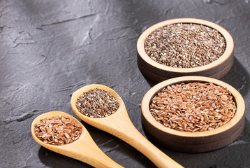 Linseed and chia - Organic seeds. Superfoods. Text space