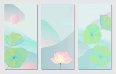 Botanical set with lotus. Pastel minimal background. Vector illustration. Japan design