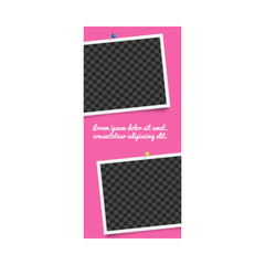 Realistic template and two photo frame for stories with pins on pink background.