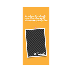 Realistic template and photo frame for stories with hashtag travel and pins on orange background.