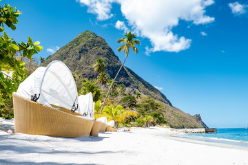 Tropical beach with beach chairs on the beach Saint Lucia, St lucia beach with tropical beach...