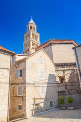 Split, Croatia UNESCO World Heritage Site. Old town houses and tower of cathedral in roman emperor Diocletian palace