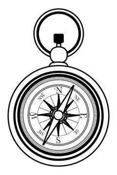 Antique navigation compass cartoon isolated in black and white