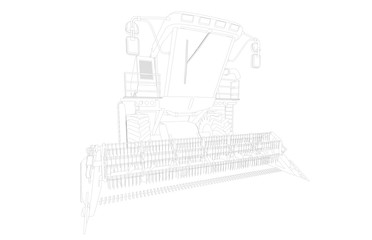 Thin contoured, detailed 3D model of big rye agricultural harvester on white, agriculture equipment innovation concept - industrial 3D illustration