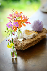 Amethyst and Citrine clusters on a wooden table, small vase of fresh flowers. Shot on macro lens in natural lighting. Bright colors, healing crystal clusters. Hippie natural healing and fresh herbs. 