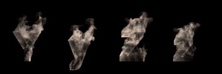 artistic halloween smoke font - capital (uppercase) and lowercase letters Y and Z made of dense fog isolated on black, 3D illustration of symbols