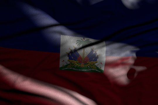 beautiful image of dark Haiti flag with folds lying in shadows with light spots on it - any celebration flag 3d illustration..