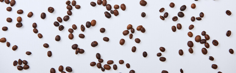 top view of coffee beans scattered on white background, panoramic shot