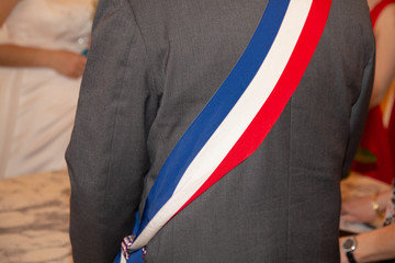back view french mayor during celebration with scarf red blue white
