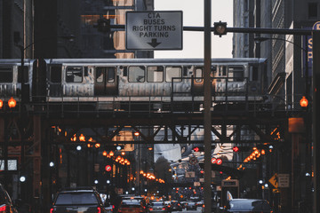 Train driving along elevated railway track, Chicago, Illinois, United States